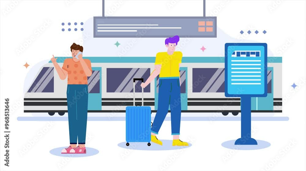 Colorful illustration of travelers waiting at a train station with luggage and information board animated video Colorful illustration of travelers waiting at a train station with luggage and information board animated video