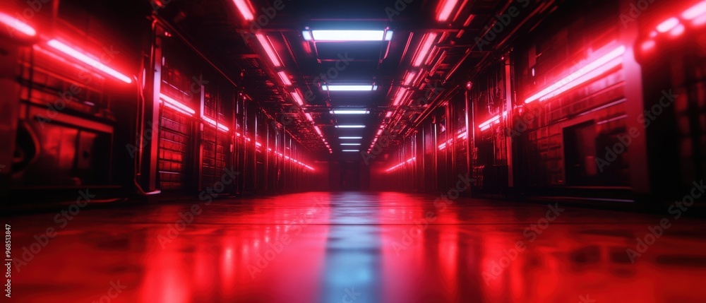 Futuristic corridor illuminated by glowing red lights, creating a surreal atmosphere perfect for sci-fi and technology themes. Futuristic corridor illuminated by glowing red lights, creating a surreal atmosphere perfect for sci-fi and technology themes.