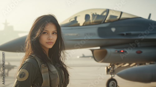 A young woman with long black hair in military uniform stands in front of a fighter jet. Sunlight highlights her serious expression and readiness for duty