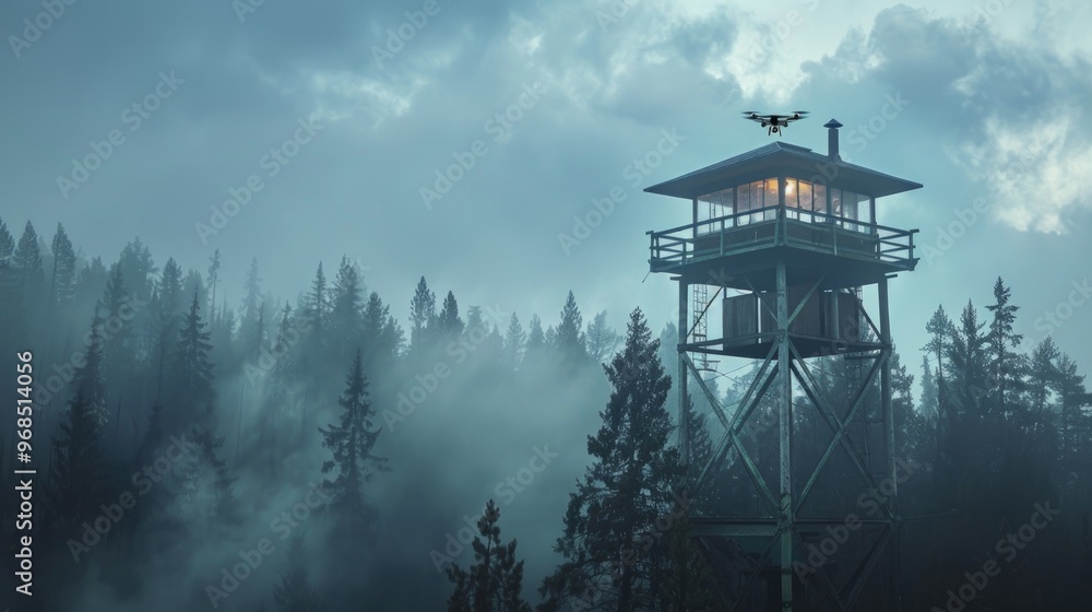 High tech fire lookout tower with AI powered smoke detection and drone dispatch High tech fire lookout tower with AI powered smoke detection and drone dispatch
