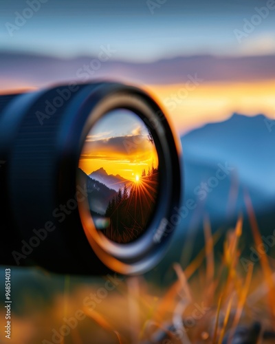 A beautiful sunset reflected in a camera lens, showcasing vibrant colors and scenic mountains in the background.