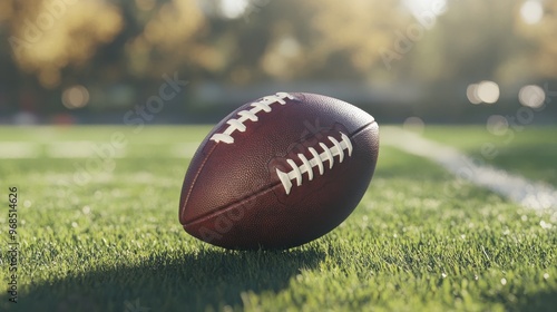 A detailed shot of an American football flying through the air, with the green stadium field and white lines in soft focus behind. The laces and texture are in sharp focus