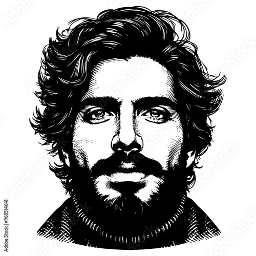 Detailed black and white portrait of a bearded man in engraving style. Vector, generative ai.