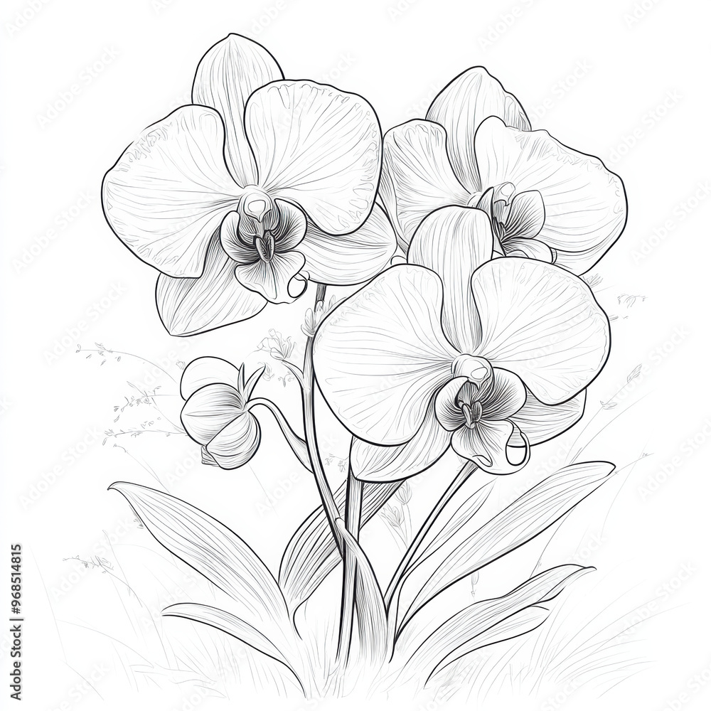Fototapeta premium Orchid flowers illustrated in detailed grayscale, showcasing their delicate petals and intricate features. This artwork captures beauty of nature in minimalist style