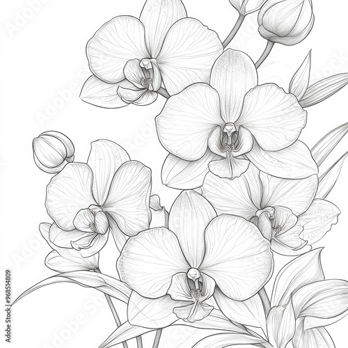 Orchids in detailed grayscale showcase their intricate beauty and elegance, capturing essence of naturalism. This artwork highlights delicate features of each flower