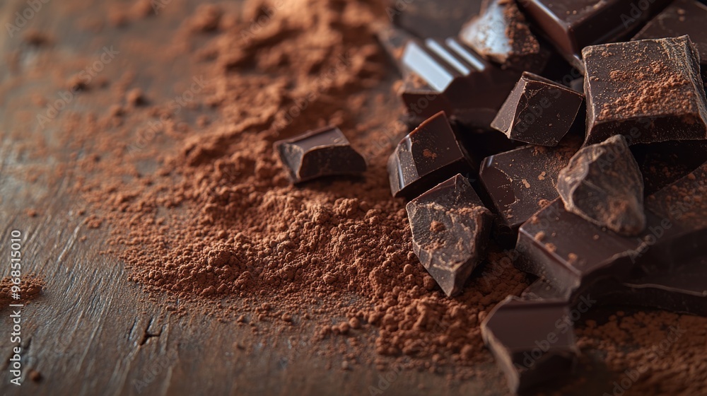 Close-up of broken chocolate squares, covered with cocoa powder, resting on a rustic table. The soft lighting creates a cozy, indulgent atmosphere Close-up of broken chocolate squares, covered with cocoa powder, resting on a rustic table. The soft lighting creates a cozy, indulgent atmosphere