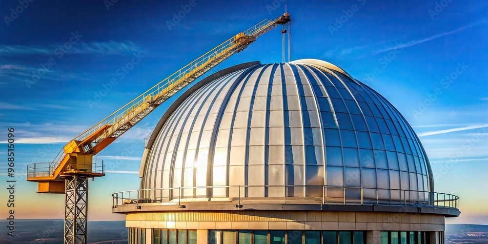 Fototapeta premium Large observatory dome with a metal crane structure minimalist, metallic, technology, steel, astronomy, modern,observatory, empty, building, science, spaciousness, crane, spacious