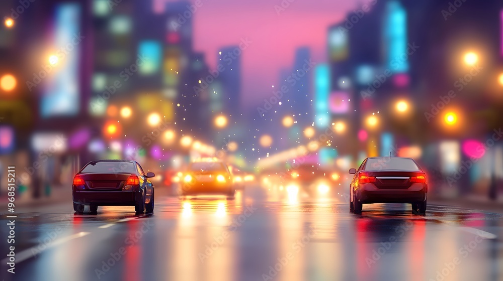 Cityscape with cars in the rain at night Cityscape with cars in the rain at night
