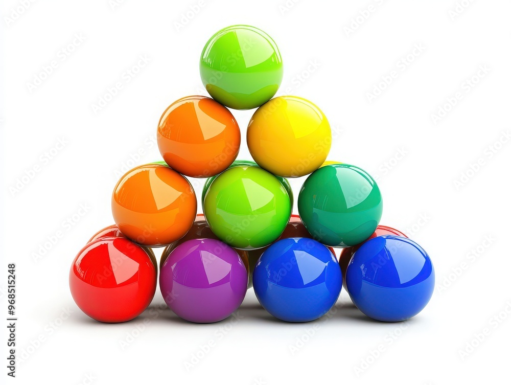 A colorful stack of spheres arranged in a pyramid shape, showcasing vibrant colors and smooth textures, perfect for playful designs. A colorful stack of spheres arranged in a pyramid shape, showcasing vibrant colors and smooth textures, perfect for playful designs.