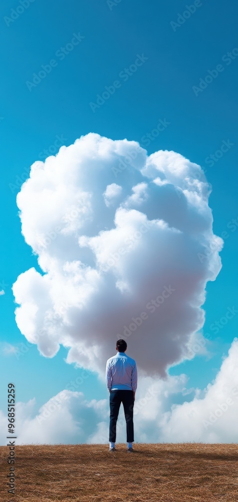 A contemplative figure stands beneath a large cloud, gazing at the clear blue sky, symbolizing dreams and aspirations. A contemplative figure stands beneath a large cloud, gazing at the clear blue sky, symbolizing dreams and aspirations.