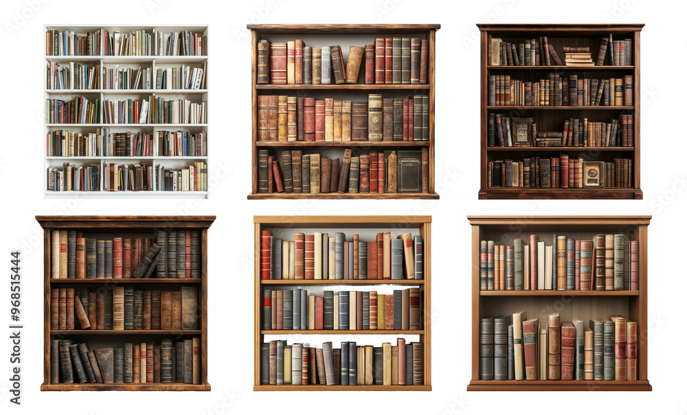 Various Bookshelves Filled with Antique and Modern Books on Transparent Checkered Background Various Bookshelves Filled with Antique and Modern Books on Transparent Checkered Background