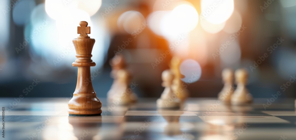 A close-up of a wooden chess king piece in focus, surrounded by blurred pawns on a wooden board, representing strategy and competition. A close-up of a wooden chess king piece in focus, surrounded by blurred pawns on a wooden board, representing strategy and competition.