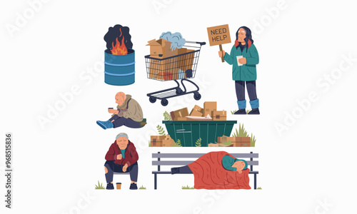 Various homeless people with signs, carts, and fire for warmth.