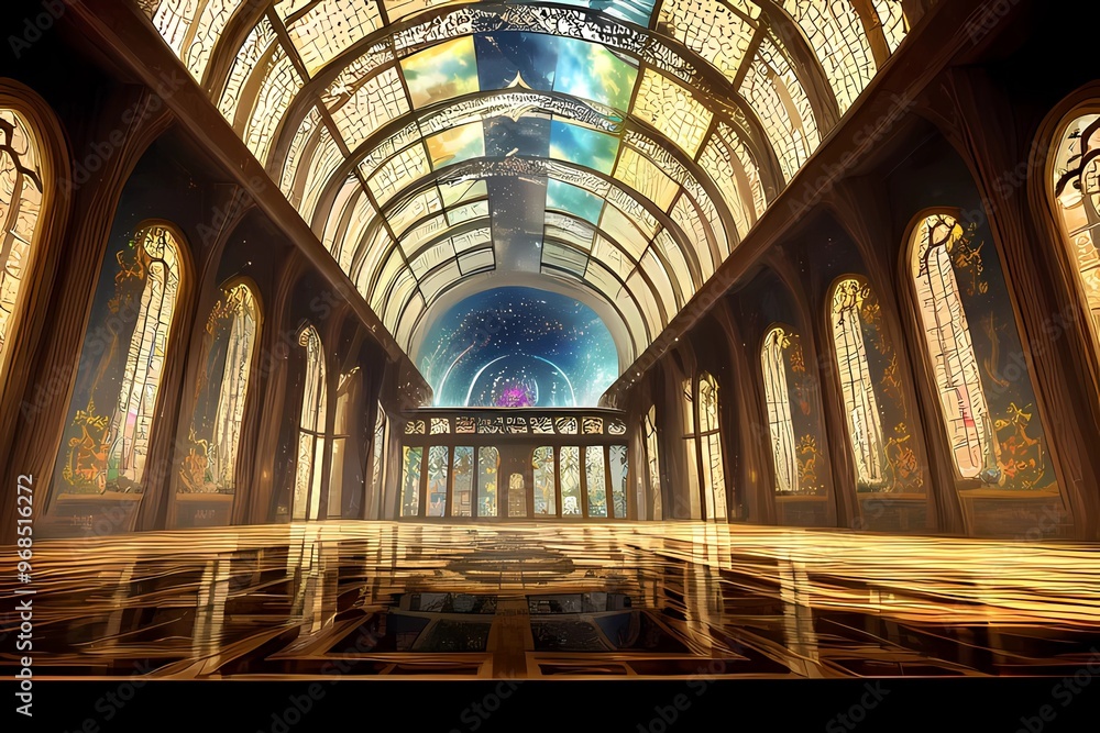 Obraz premium ファンタジーゲーム背景 床や窓がステンドグラスで覆われた神秘的な回廊ホールがある風景