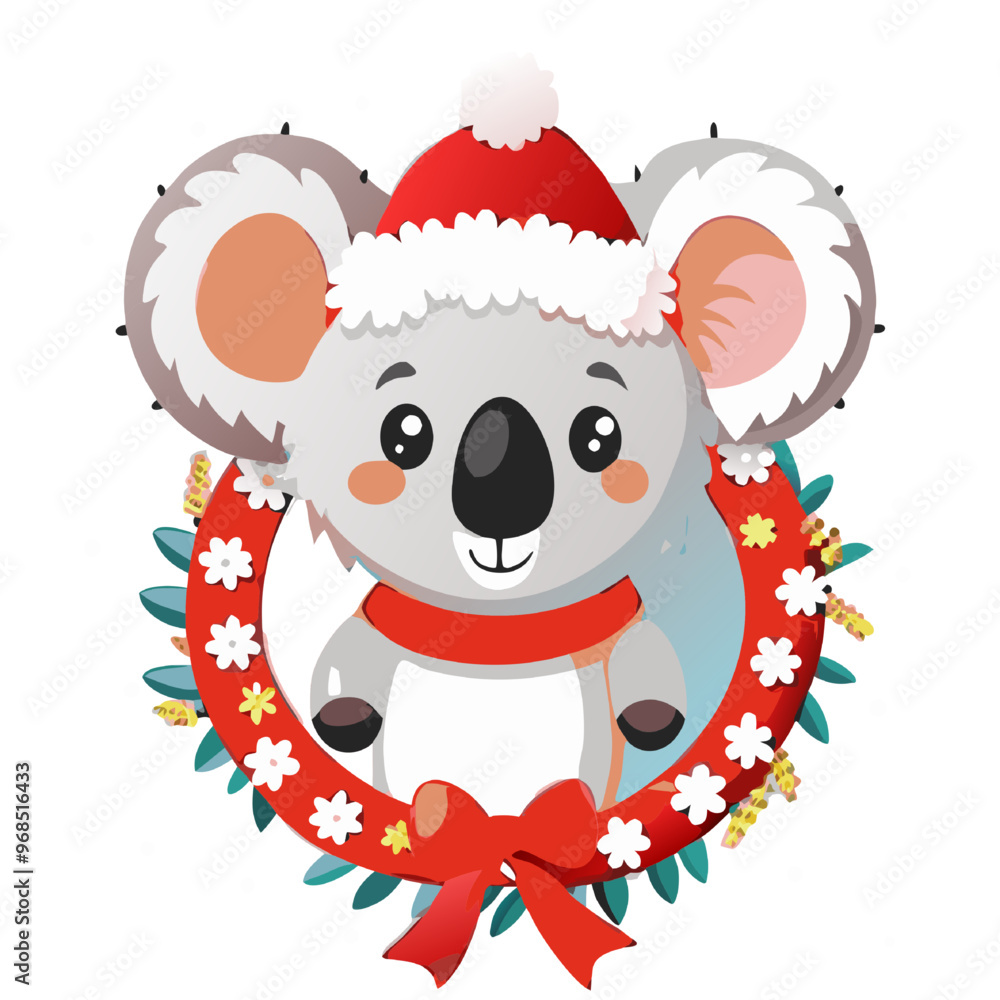 Obraz premium Cute Koala in Christmas Wreath: A cuddly koala bear wearing a Santa hat and scarf smiles from inside a festive Christmas wreath, perfect for holiday greetings and winter celebrations. 