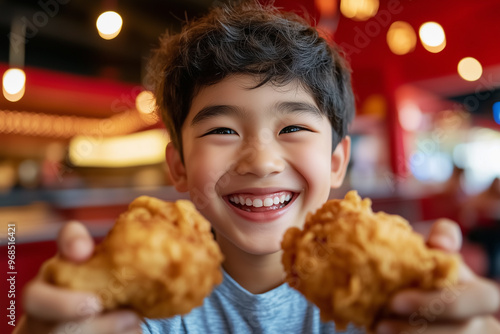 Asian boy sitting in restaurant, smiling face, holding crispy fried chicken  in both hands.