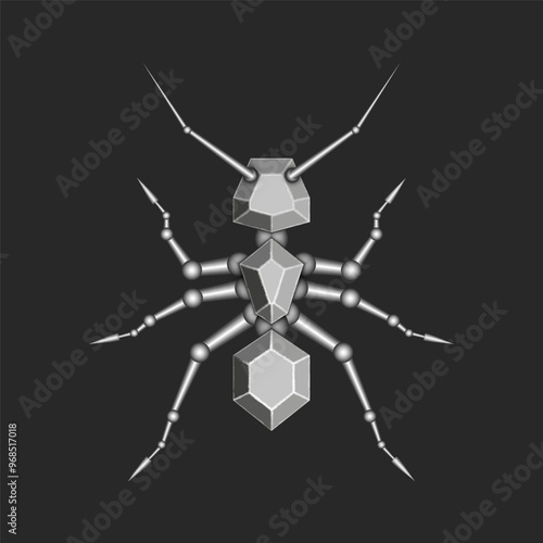 Futuristic 3d cyber ant robot design, showcasing a sleek mechanical insect with metallic polygonal symmetric shapes, perfect for sci-fi concepts, digital art for print, and modern technology projects.