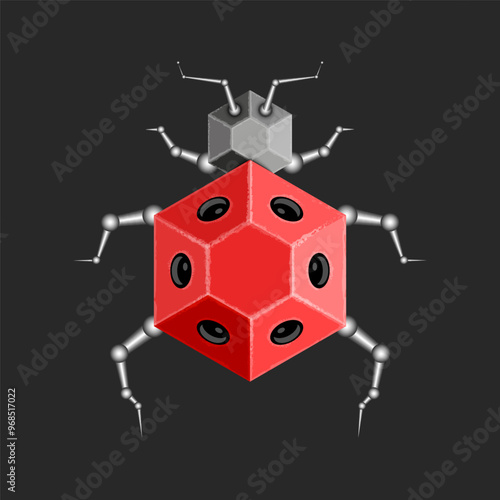 Cybernetic ladybug robot with red hexagonal body and intricate robotic limbs, mechanical insect sci-fi vector illustrations, futuristic tech art modern industrial style design.
