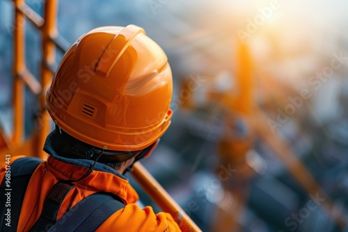 A construction worker in an orange helmet oversees a building site, capturing the essence of safety and professionalism in work. photo