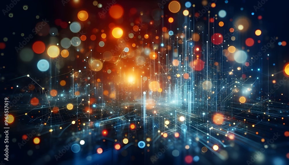 Obraz premium Abstract bokeh lights on a blue and orange background, conveying a festive or technological concept