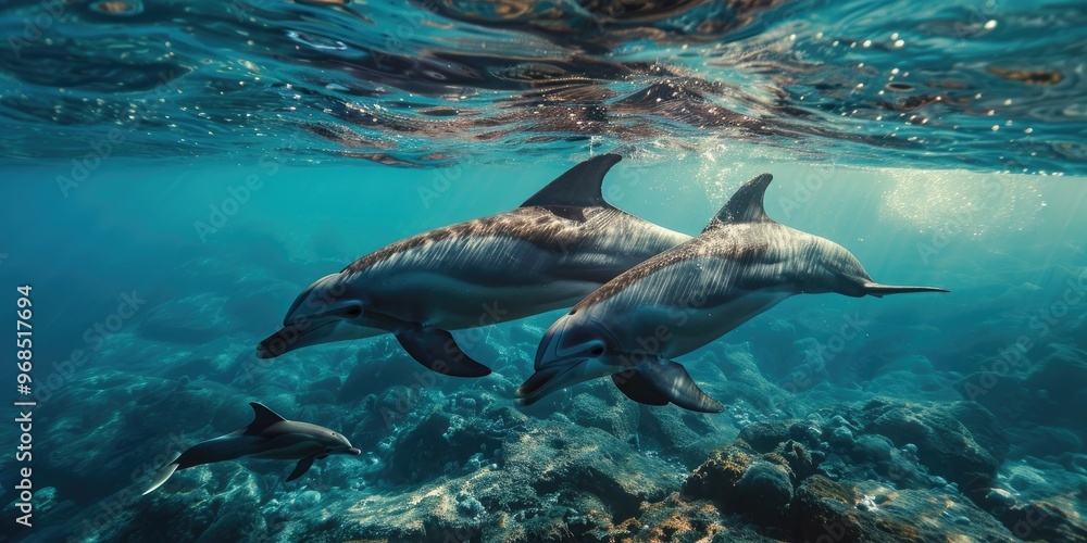 Obraz premium A mother dolphin and her young offspring frolic together, playfully splashing their tails above the water's surface.