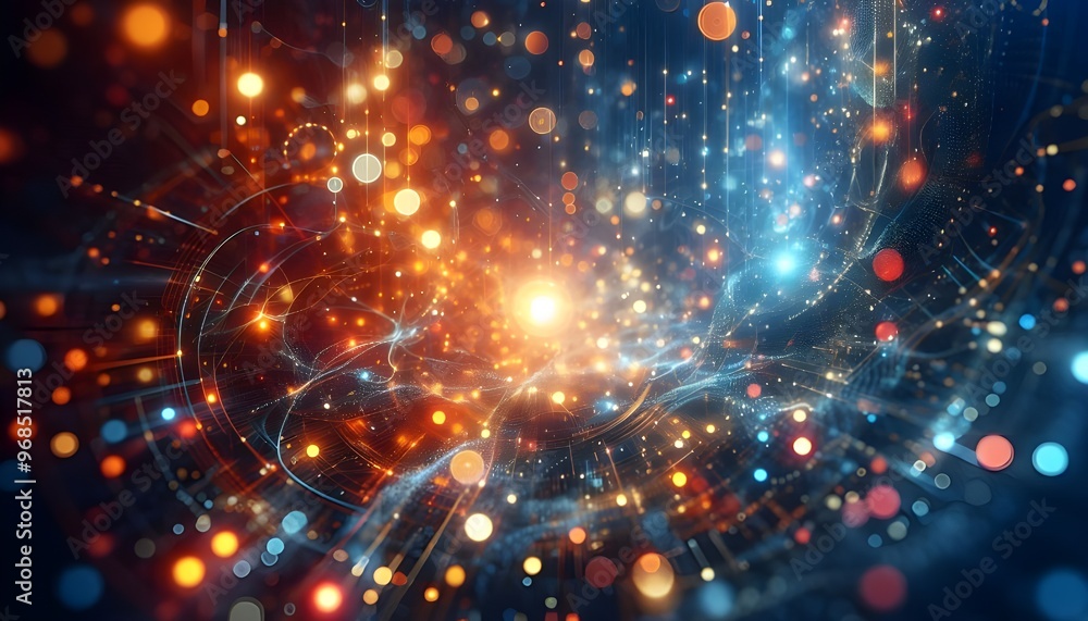 Obraz premium Abstract bokeh lights on a blue and orange background, conveying a festive or technological concept