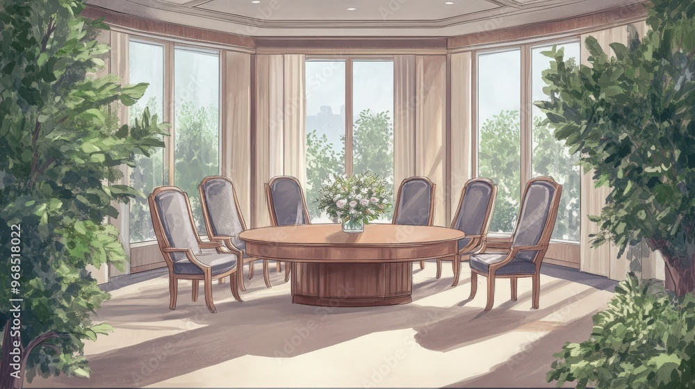 Bright and elegant conference room with a large wooden table, comfortable chairs, and windows overlooking greenery. Bright and elegant conference room with a large wooden table, comfortable chairs, and windows overlooking greenery.