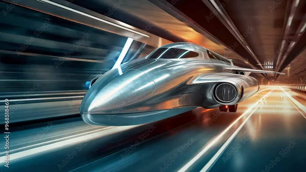Futuristic high-speed vehicle races through a sleek tunnel with a streamlined design and glowing lights Futuristic high-speed vehicle races through a sleek tunnel with a streamlined design and glowing lights