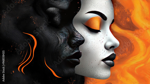 Abstract background with faces collage black and white and colors elements, psychology, stress wallpaper illustration 
