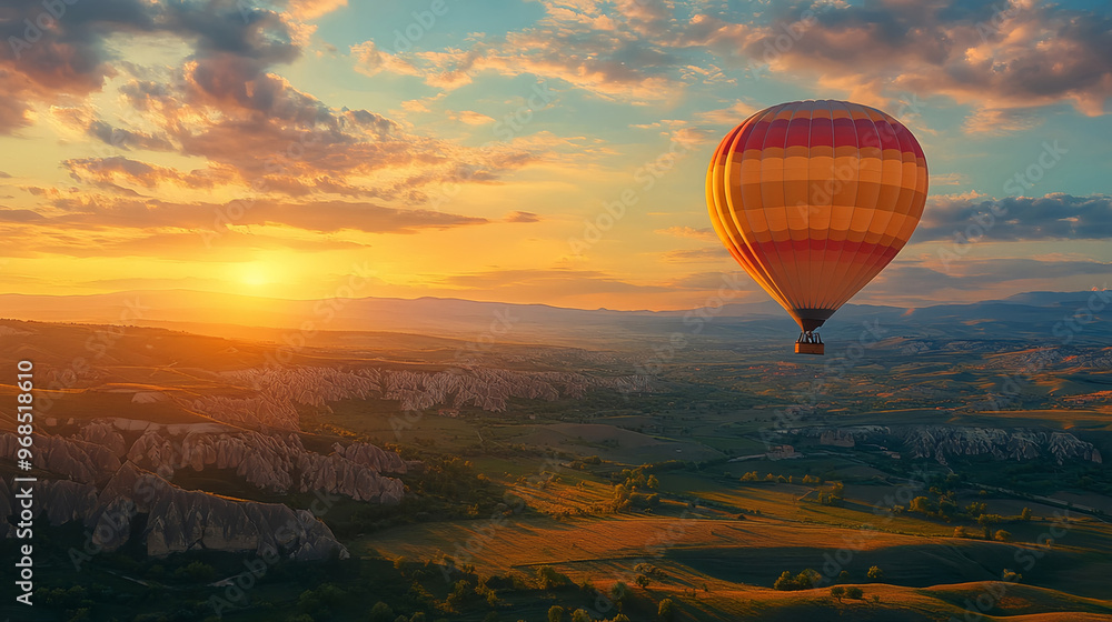 Obraz premium a tranquil scene with a hot air balloon gracefully floating over a valley