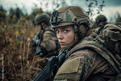 Female soldier taking part in a simulated battle scenario on a training field. Military props and tactical gear are visible