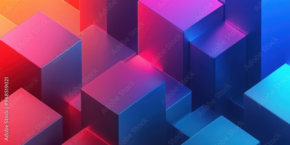 Obraz premium Vibrant abstract composition showcasing floating cubes in shades of blue, pink, and orange, perfect for modern design projects.