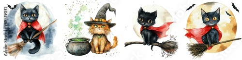 Cute Black Cat Halloween theme set, Whimsical illustrations of mystical cats in costumes, Halloween or fantasy themes. Adorable charm and playful creativity. Isolated on white background collection photo