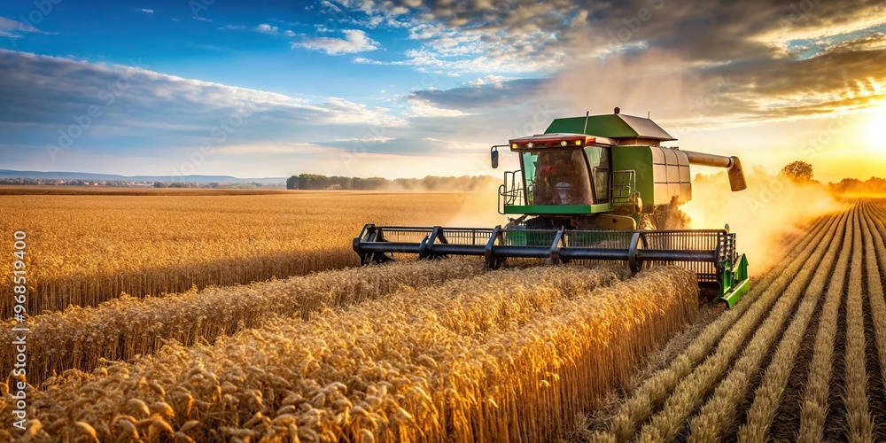 Obraz premium combine, rural, agricultural field, farming, harvesting, agriculture, soybean field, machinery, soybean harvest,soybean, Harvesting of soybean field with combine farming