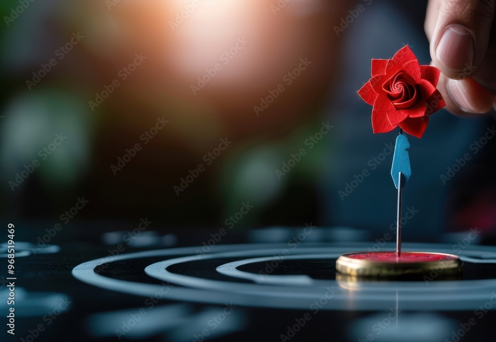 Fototapeta premium A hand placing a red rose target on a bullseye, symbolizing goals and achievements in a creative marketing concept.