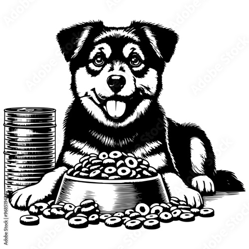 Dog with food bowls depicted in a monochrome illustration. Vector, generative ai.