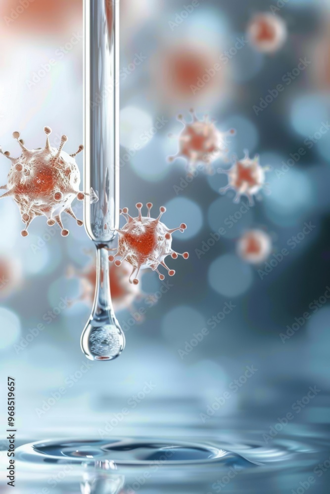 A laboratory dropper releasing a droplet into water, surrounded by virus illustrations, symbolizing scientific research and health. A laboratory dropper releasing a droplet into water, surrounded by virus illustrations, symbolizing scientific research and health.
