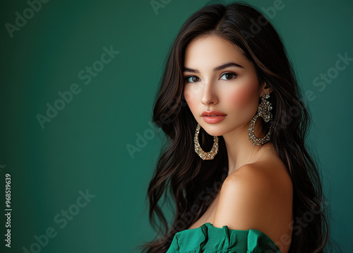 A beautiful woman with long brown hair poses against a dark emerald background, wearing green , earrings, and makeup photo