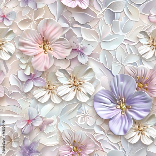 Seamless pattern with embossed delicate pink, white, and purple flowers with golden centers.