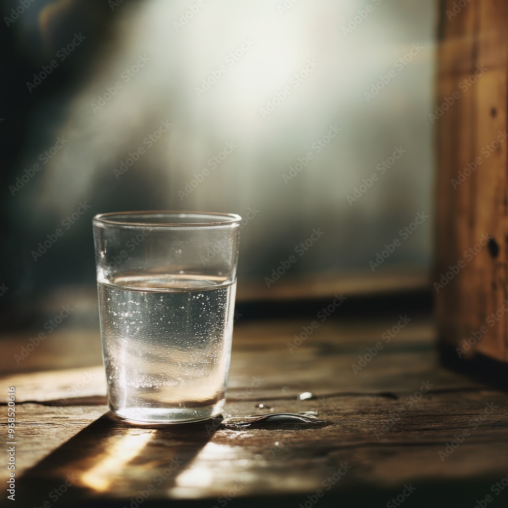 A glass of water illuminated by soft light on a rustic wooden surface, creating a serene and tranquil atmosphere. A glass of water illuminated by soft light on a rustic wooden surface, creating a serene and tranquil atmosphere.