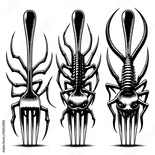 Insect with fork in monochrome, white background, concept of culinary horror. Vector, generative ai.