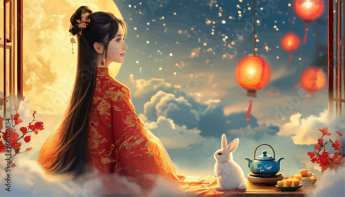 Asian Woman in Traditional Costume with Bunny Companion, Illuminated Lanterns, and Tea Set, Set Against a Moonlit Sky with Clouds and Flowers