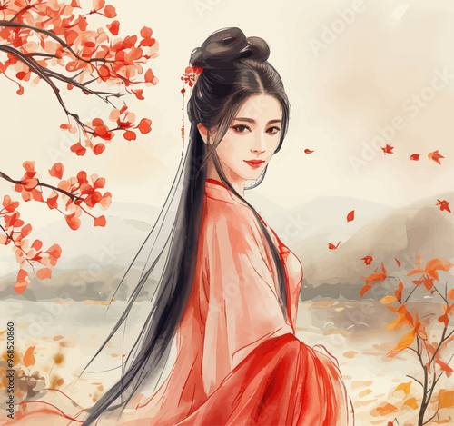 Asian Woman in Traditional Costume with Long Black Hair and Red Flower in Her Hair