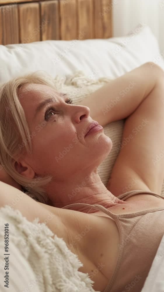 Vertical video. Depressing thoughts. Upset mood. Morning sadness. Confused sleepless woman feeling regret suffering from insomnia laying in bed at home. Vertical video. Depressing thoughts. Upset mood. Morning sadness. Confused sleepless woman feeling regret suffering from insomnia laying in bed at home.