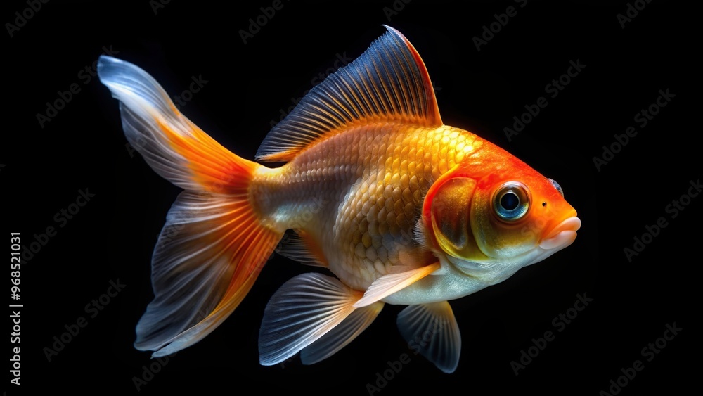 A goldfish isolated on a dark black background creating a symmetrical and visually striking image, aquatic, swimming, vibrant, tranquil, water, fish, contrast, exotic, animal, gold