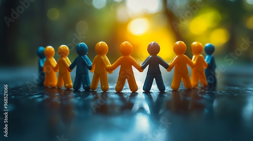 A group of colorful figurines standing in a circle, holding hands, with a blurry background of a sunny day in a park.