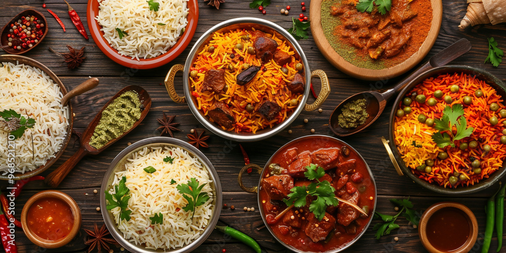 Variety of Dishes in Bowls and Plates on Wooden Table Variety of Dishes in Bowls and Plates on Wooden Table