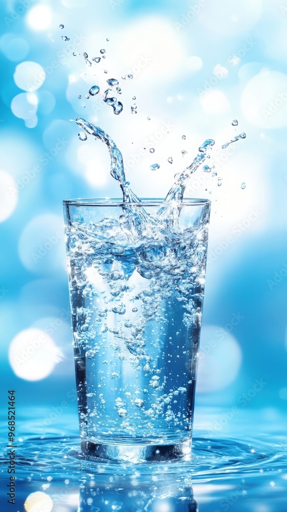 A refreshing splash of water in a glass, capturing the essence of hydration and vitality against a soft blue background. A refreshing splash of water in a glass, capturing the essence of hydration and vitality against a soft blue background.