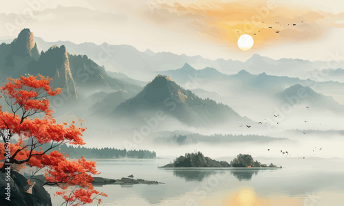 Autumnal Mountainscape with Sunrise Reflection