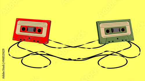 A Pair of Red and Green Cassette Radios with Tangled or Unraveled Tape on a Yellow Background